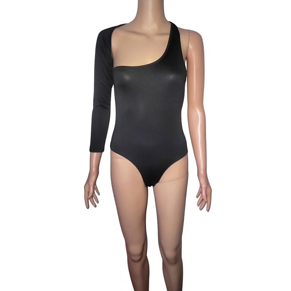 Black asymmetrical cotton bodysuit.